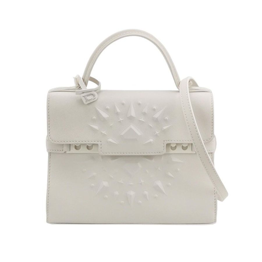 Delvaux Tempete小號牛皮純色浮雕圖騰T形翻蓋手提包單肩包-0