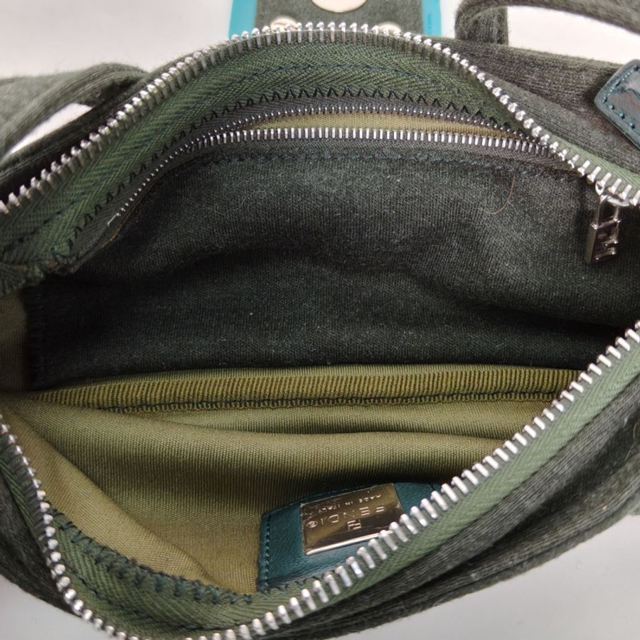 FENDI 墨綠色毛呢藍扣中古亞克力扣腋下包hobo包肩背包-5