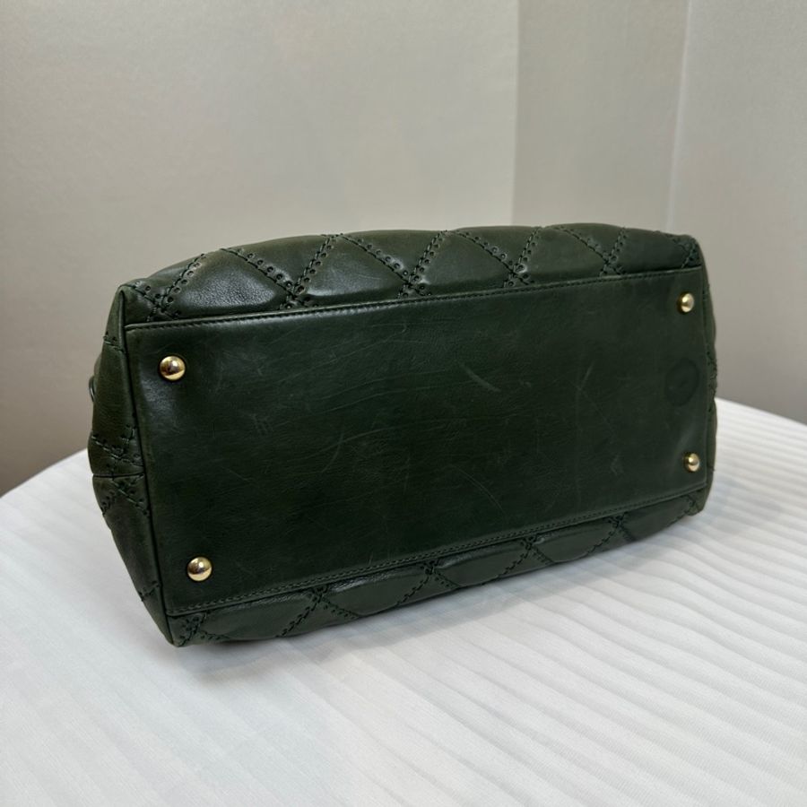 香奈兒/Chanel Retro Chain Tote 金扣菱格紋綠色牛皮單肩包 30x16x19cm-4