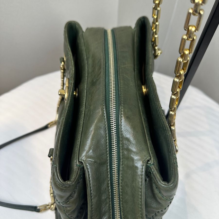 香奈兒/Chanel Retro Chain Tote 金扣菱格紋綠色牛皮單肩包 30x16x19cm-5