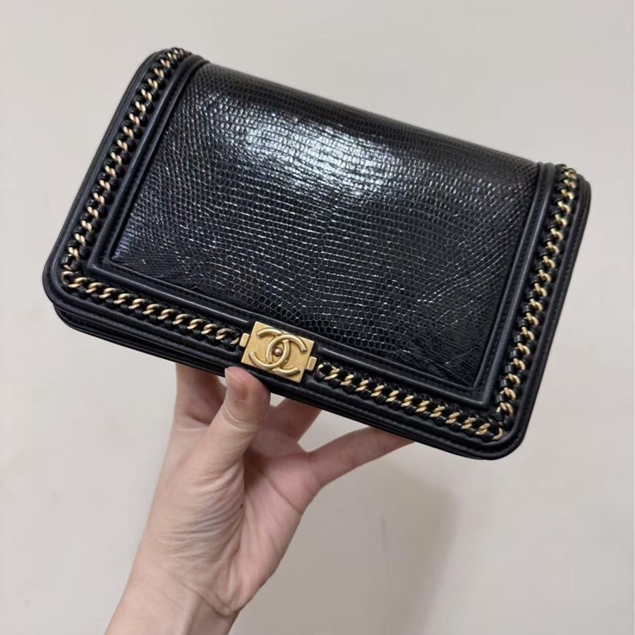 Chanel黑金蜥蜴皮滾邊WOC-0