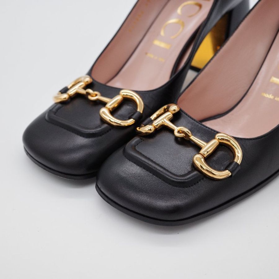 Gucci 古馳 Baby Horsebit 黑色 皮革 中跟包鞋-1