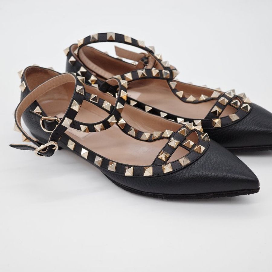 Valentino 華倫天奴 Rockstud 黑色 牛皮 鉚釘平底芭蕾舞鞋-4