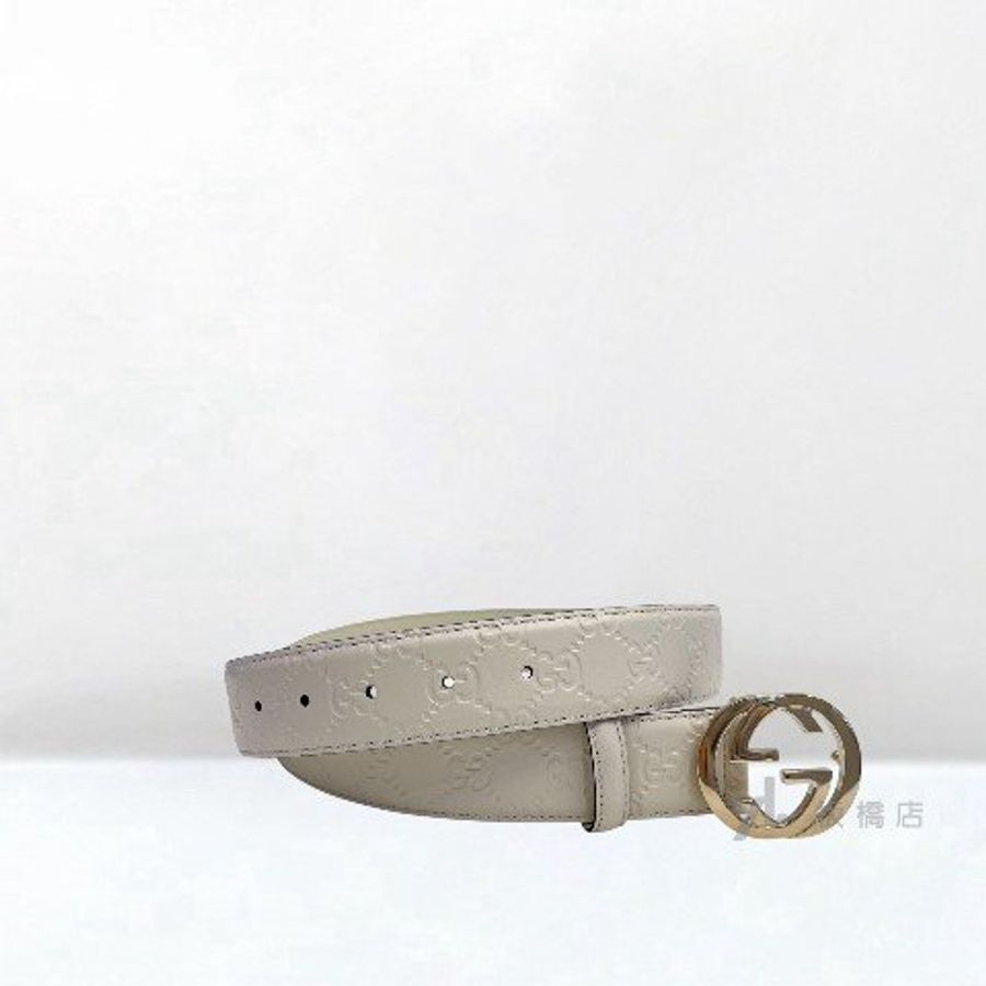 Y1985-GUCCI 白牛皮LOGO壓紋淡金釦皮帶370543-1