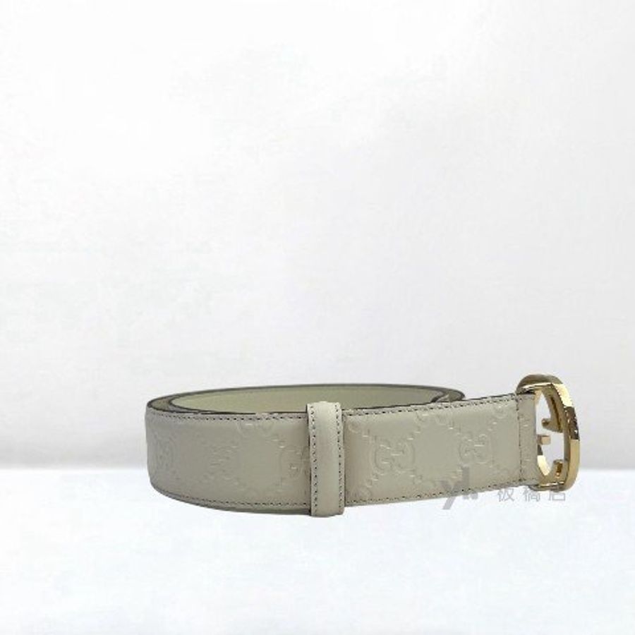 Y1985-GUCCI 白牛皮LOGO壓紋淡金釦皮帶370543-3