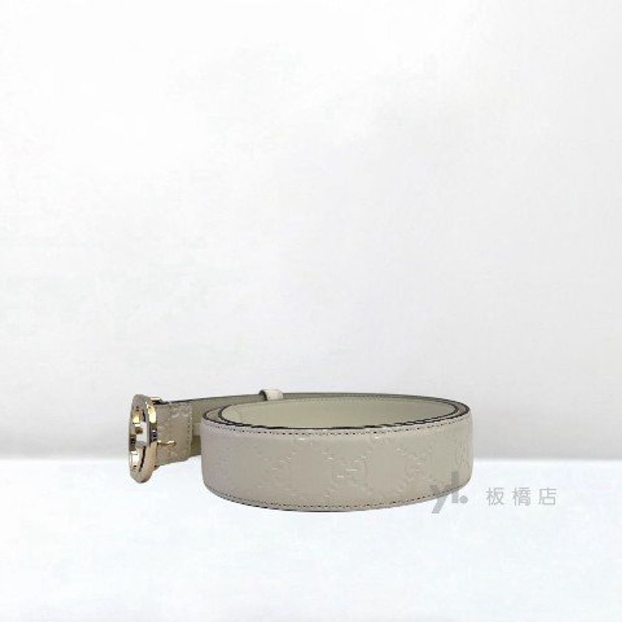 Y1985-GUCCI 白牛皮LOGO壓紋淡金釦皮帶370543-4