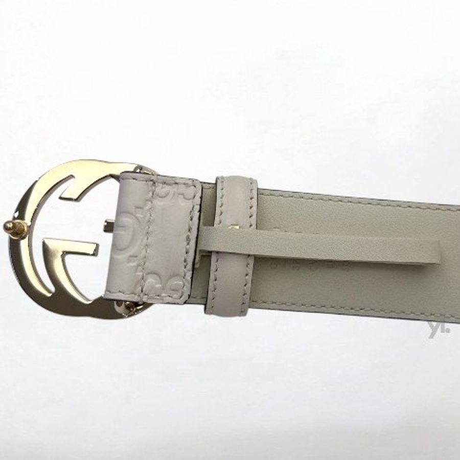Y1985-GUCCI 白牛皮LOGO壓紋淡金釦皮帶370543-6