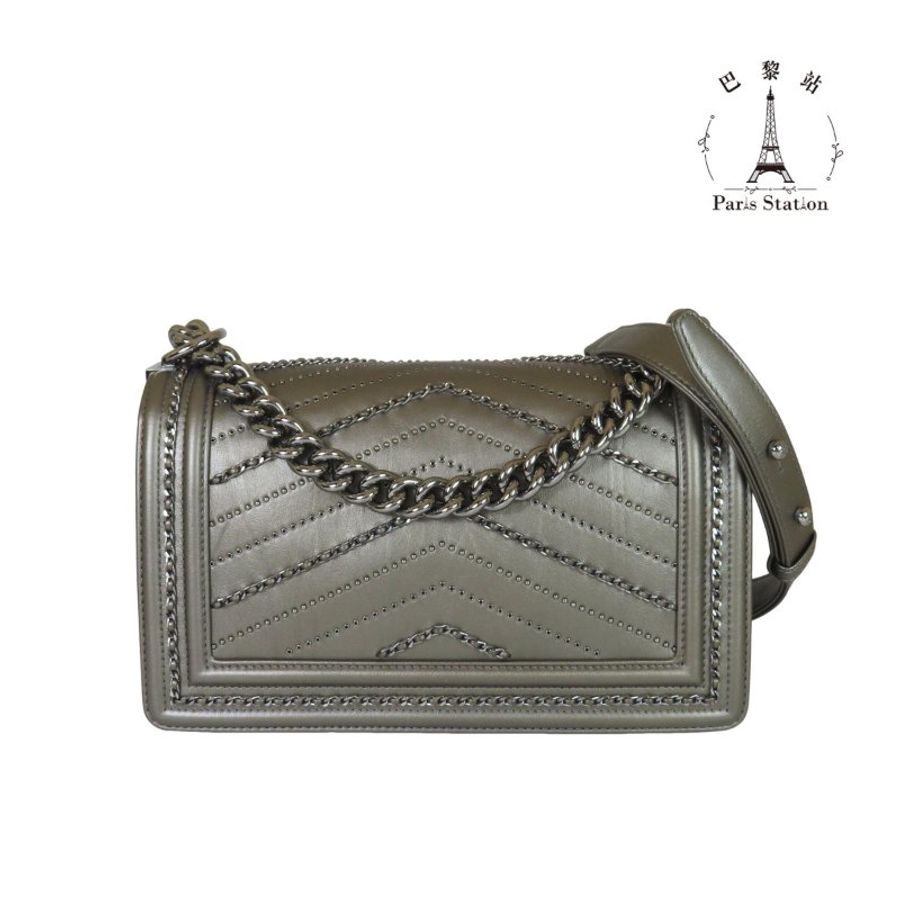【巴黎站二手名牌專賣店】*現貨*CHANEL 香奈兒 真品*經典BOY系列銀灰色皮革復古銀釦滾鏈肩背斜背包(25)-1