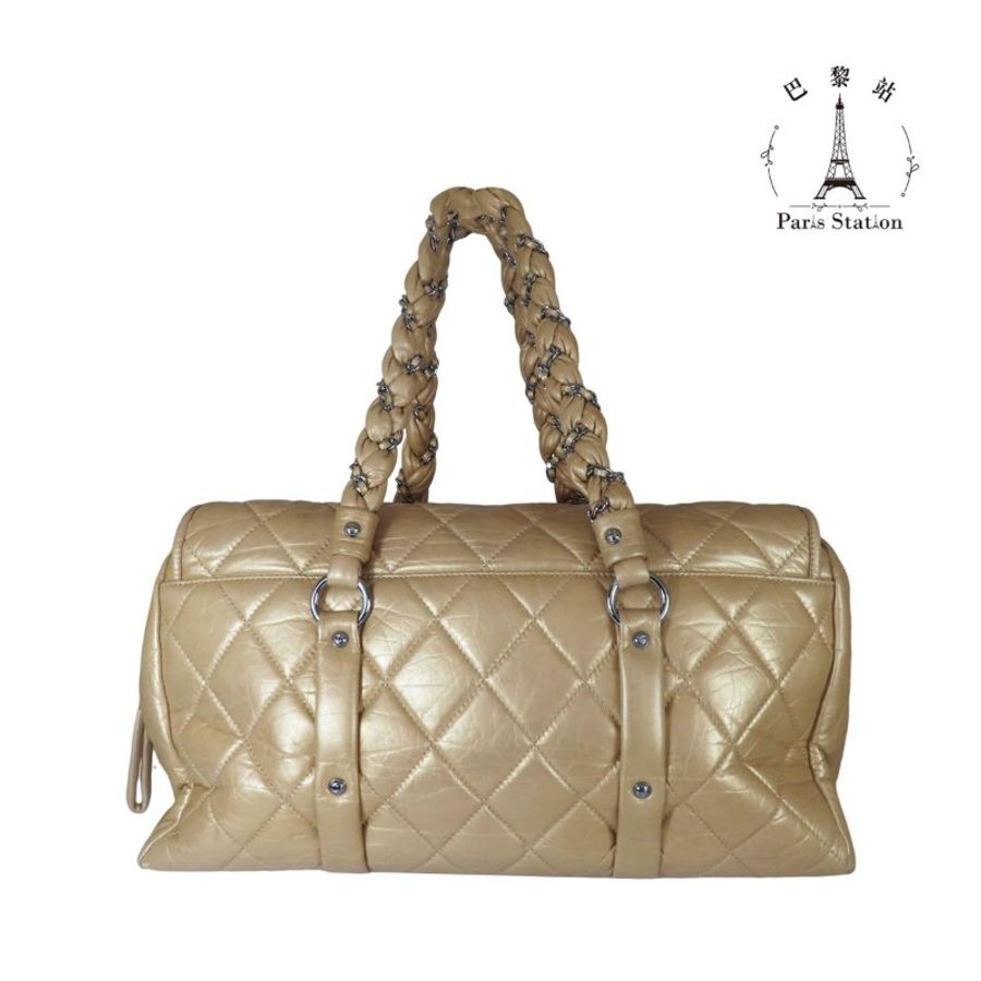 【巴黎站二手名牌專賣店】*現貨*CHANEL 香奈兒 真品*金色菱格紋小羊皮翻蓋手提大行李袋-1