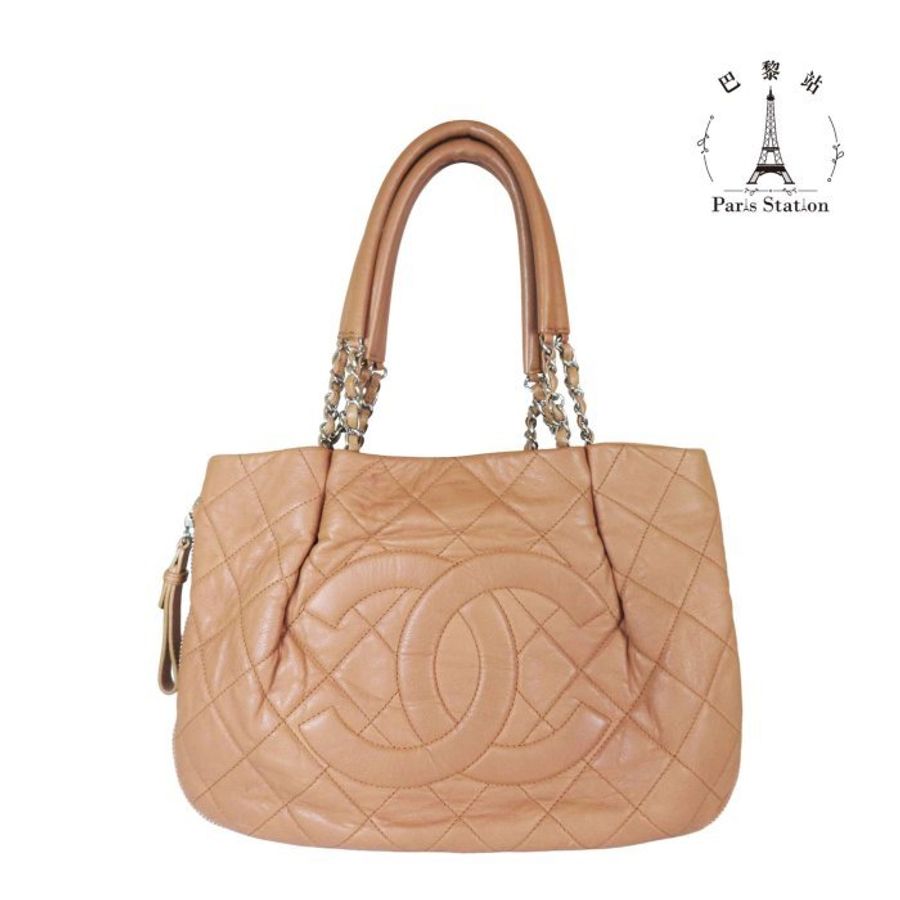 【巴黎站二手名牌專賣店】*現貨*CHANEL 香奈兒 真品*泰奶色菱格紋皮革大雙C縫線拉鍊單肩包 肩背包-0