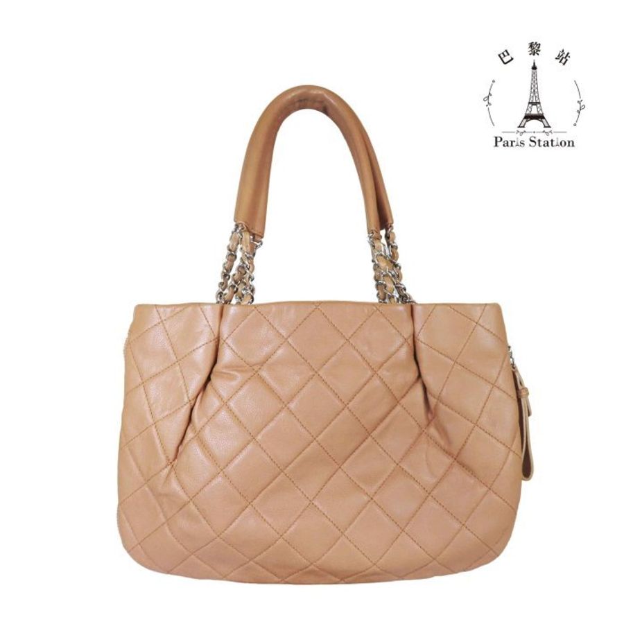 【巴黎站二手名牌專賣店】*現貨*CHANEL 香奈兒 真品*泰奶色菱格紋皮革大雙C縫線拉鍊單肩包 肩背包-1