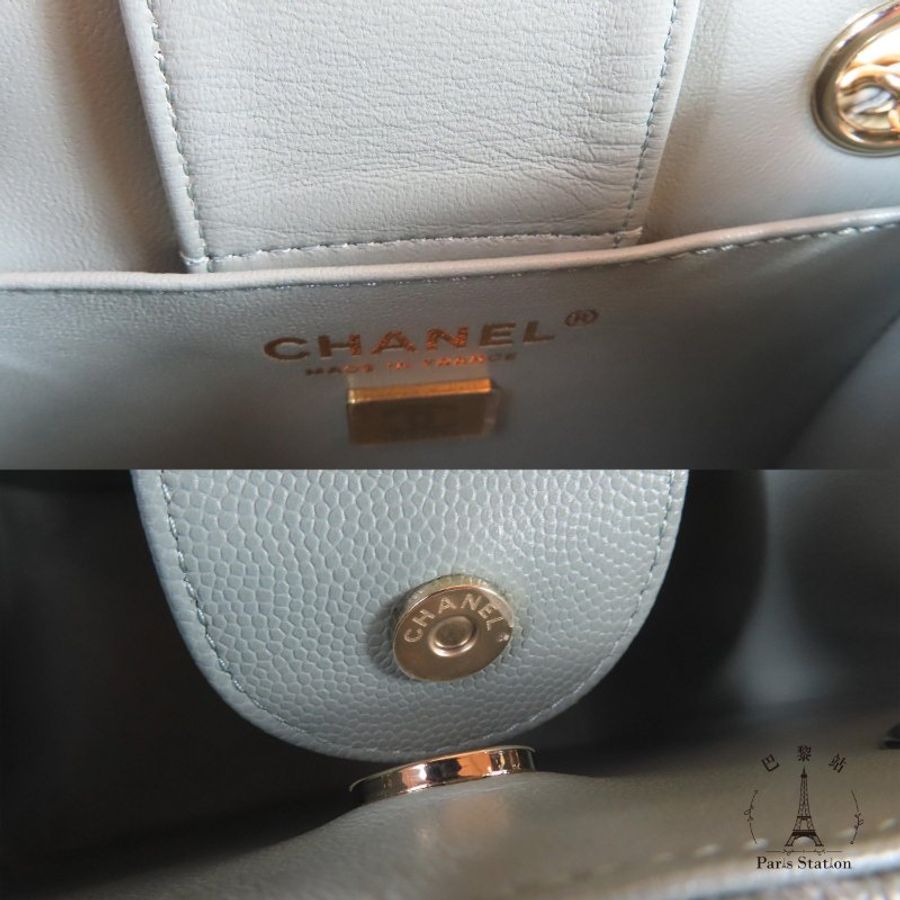 【巴黎站二手名牌專賣店】*現貨*CHANEL香奈兒真品*藍灰色菱格紋荔枝皮革淡金雙C方型鏈包-7