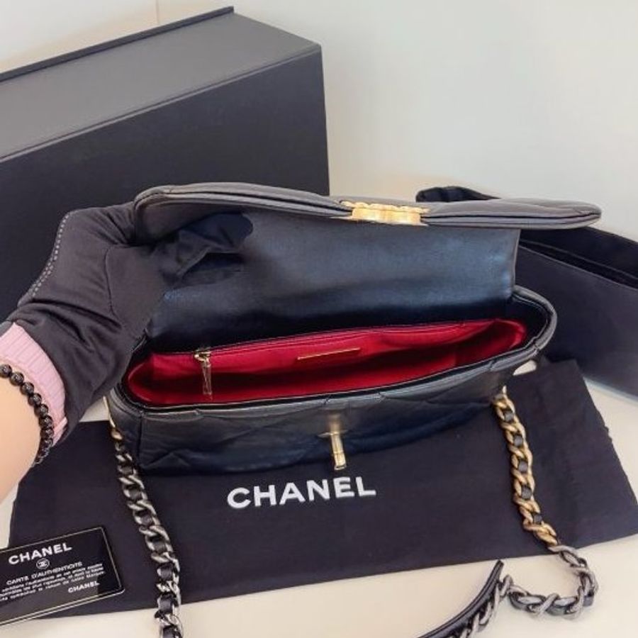 近新品 香奈兒/Chanel 黑金大菱格19bag枕頭包小號鏈條包-8