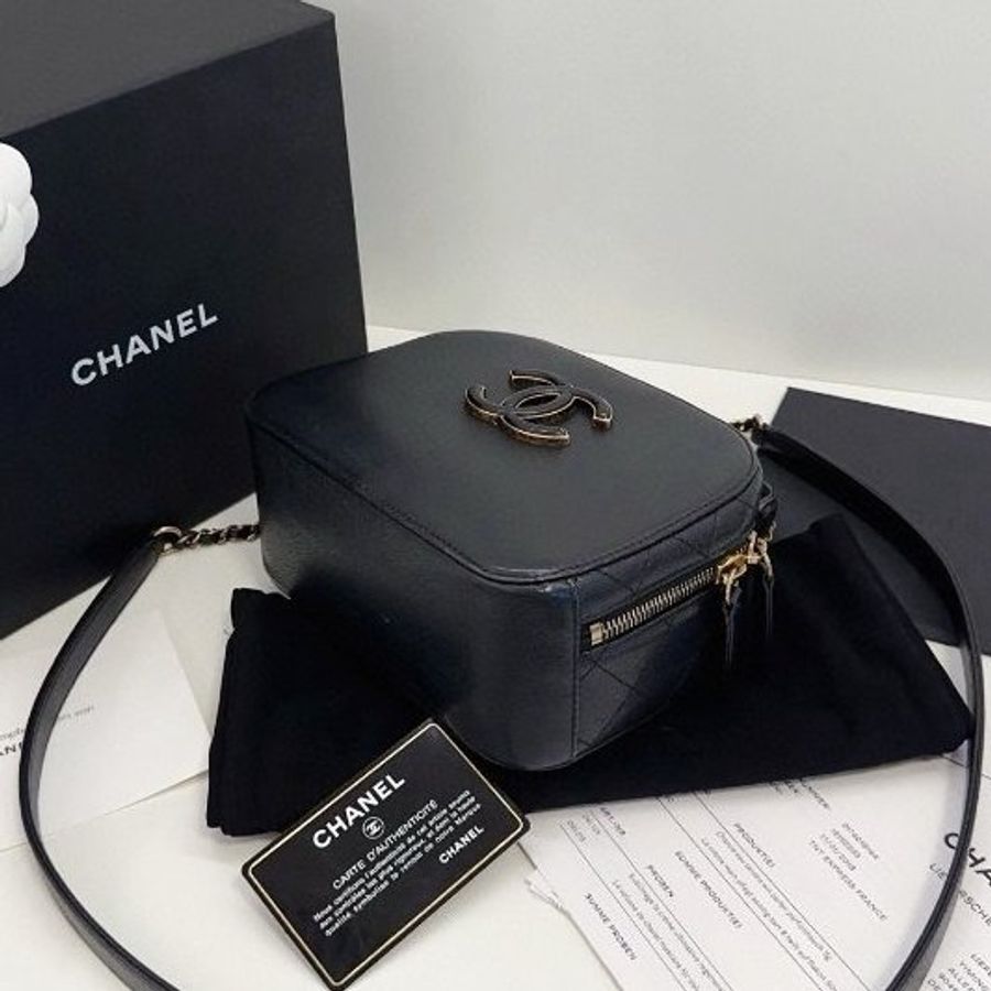 香奈兒/Chanel 黑金牛皮複古大雙C小蘋果盒子相機包 自帶手提-7