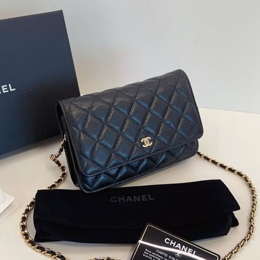 閒置新 香奈兒/Chanel黑金荔枝紋菱格WOC鏈條包-2