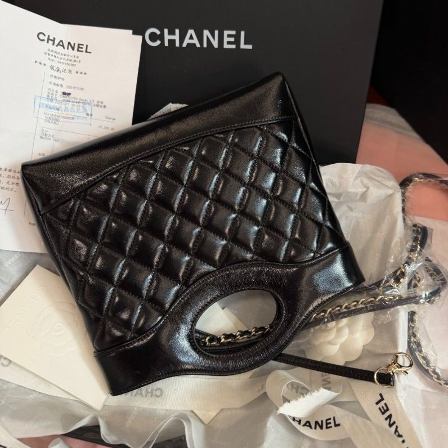近新品 香奈兒/Chanel 芯片款黑金油蠟羊皮小號 淡金扣菱格紋鏈條包-6