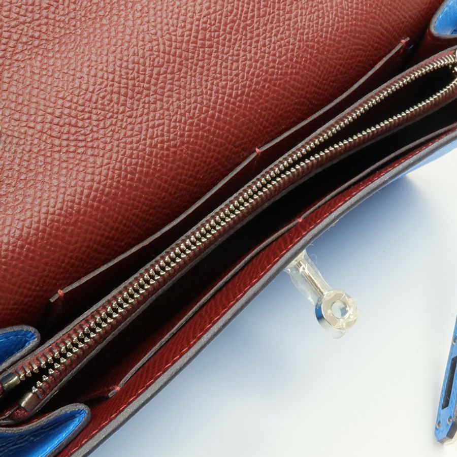 HERMES Epsom皮革Kelly To Go銀扣肩背袋Bleu Frida/Rouge Sellier-12