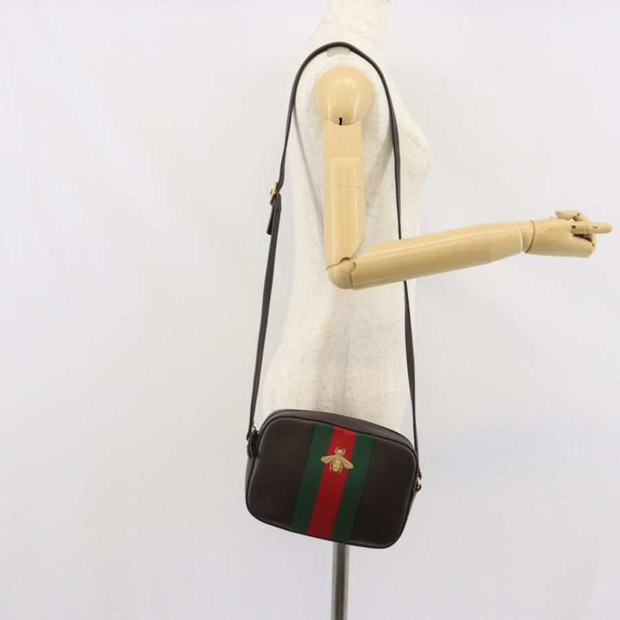 【日本直送】GUCCI Web Sherry Line Bee Bag 皮革深棕色金色紅色 412008 Auth ka1667V-23