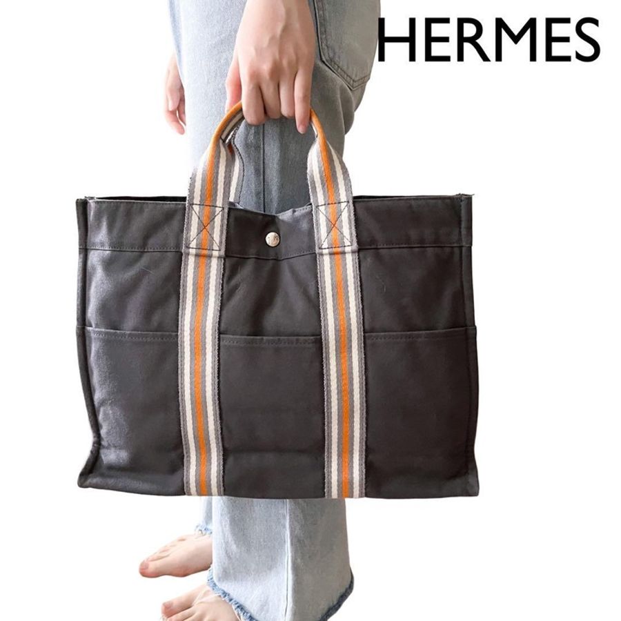 ✔️ 絕版品Hermès 東京銀座限定 Fourre Tout 橘x白x灰條紋手提包/帆布包-0