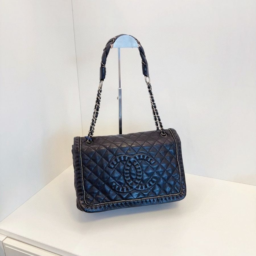 Chanel 黑銀菱格大雙C翻蓋肩背包牛皮32*20*9 98新配件塵袋-2