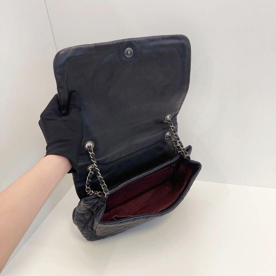 Chanel 黑銀菱格大雙C翻蓋肩背包牛皮32*20*9 98新配件塵袋-3