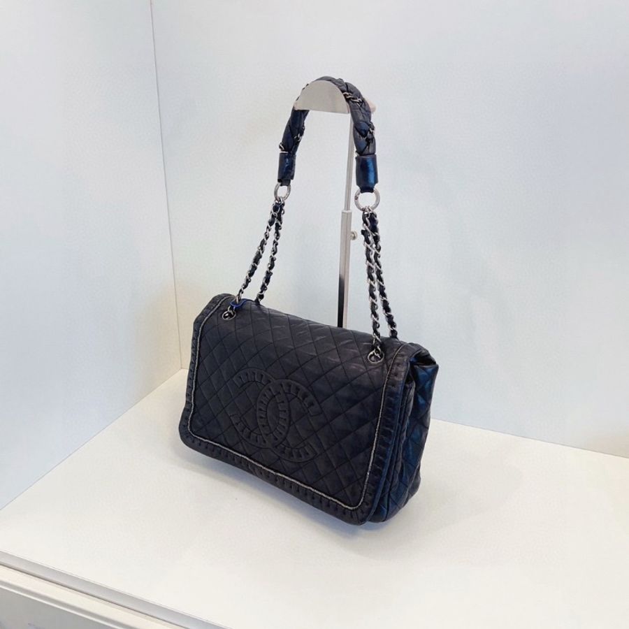 Chanel 黑銀菱格大雙C翻蓋肩背包牛皮32*20*9 98新配件塵袋-4