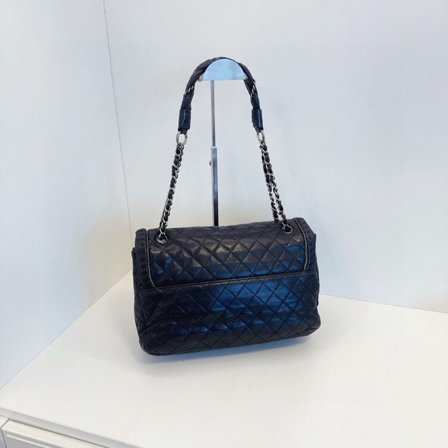 Chanel 黑銀菱格大雙C翻蓋肩背包牛皮32*20*9 98新配件塵袋-5