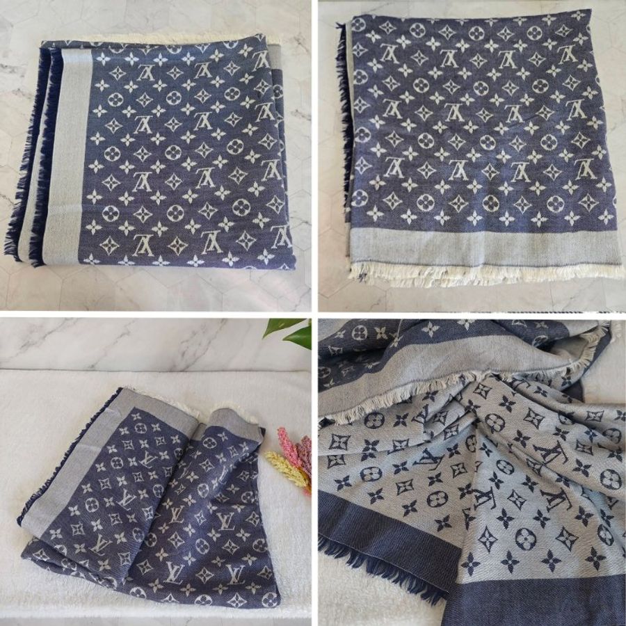 LV M71376 Monogram Denim 披肩/滿版老花/羊毛絲綢披肩/圍巾~二手-34