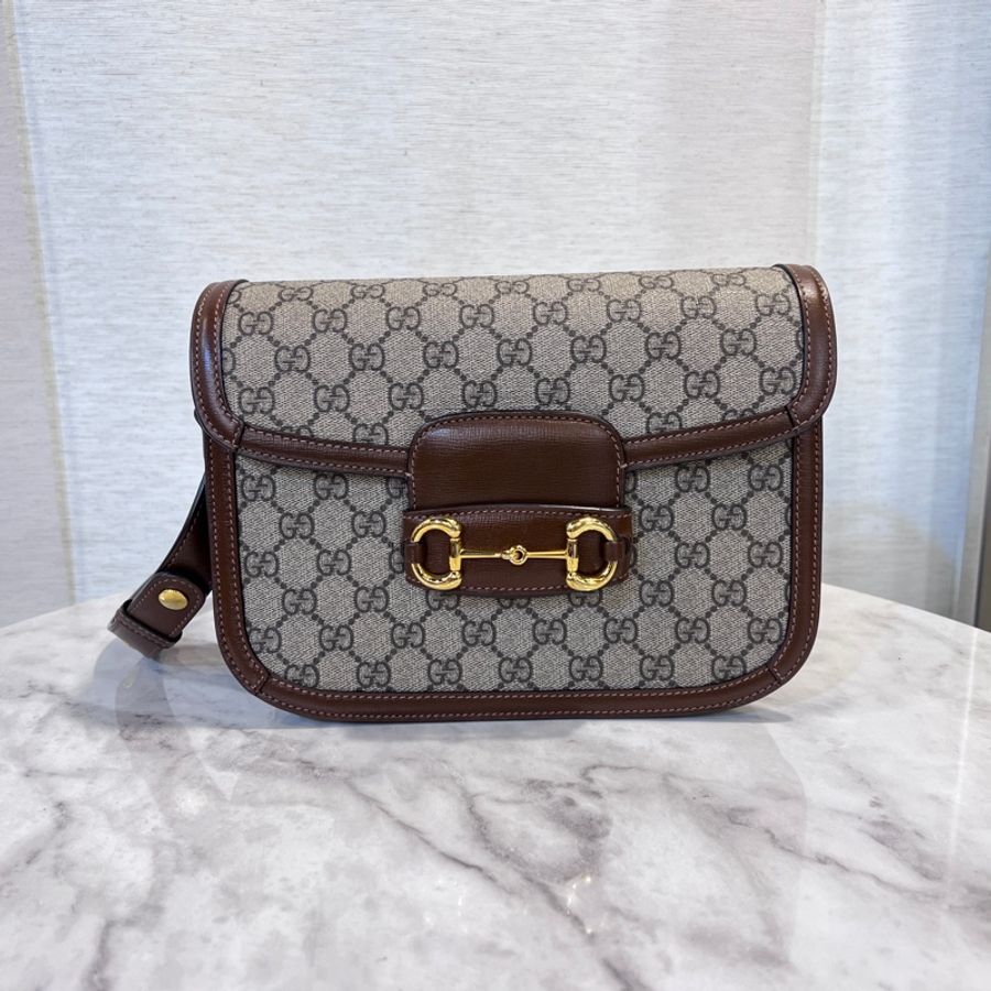 Gucci Pvc 咖牛皮金釦1955馬銜下蓋肩斜背包-0