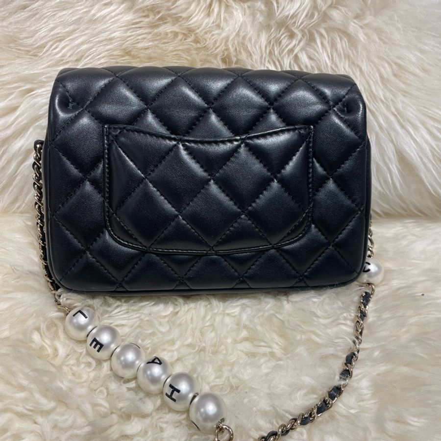 Chanel 20cm 黑色羊皮Flap Bag 珠鏈帶-1