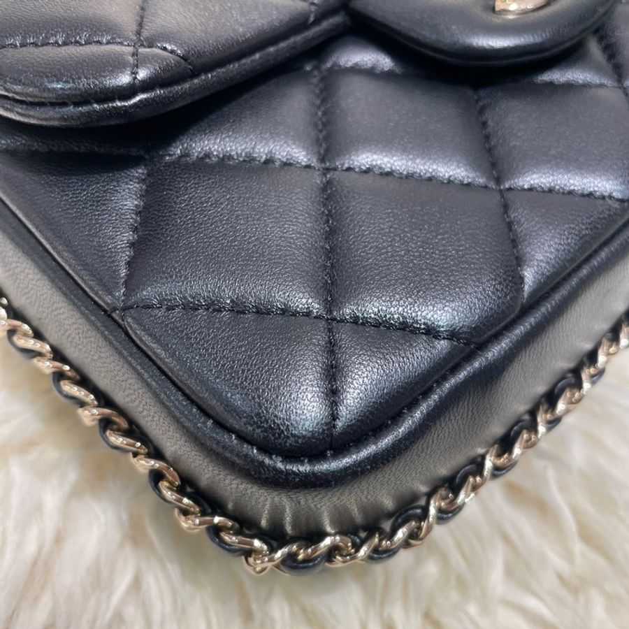 Chanel 20cm 黑色羊皮Flap Bag 珠鏈帶-2