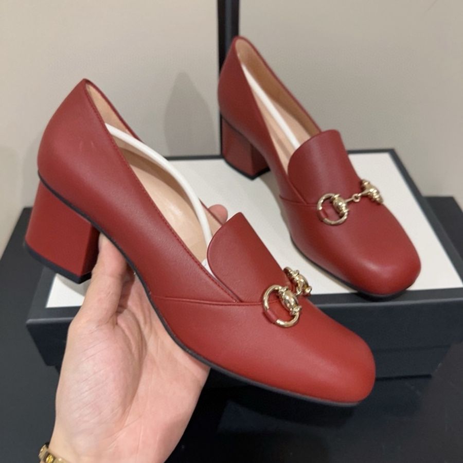 閒置新,未使用 Gucci 古馳 經典馬銜扣高跟鞋 方跟鞋 跟高5cm 舒適度高 意大利產 女款 37碼磚紅色-3