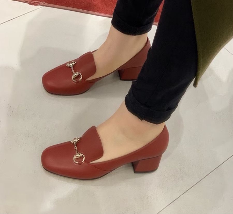 閒置新,未使用 Gucci 古馳 經典馬銜扣高跟鞋 方跟鞋 跟高5cm 舒適度高 意大利產 女款 37碼磚紅色-6