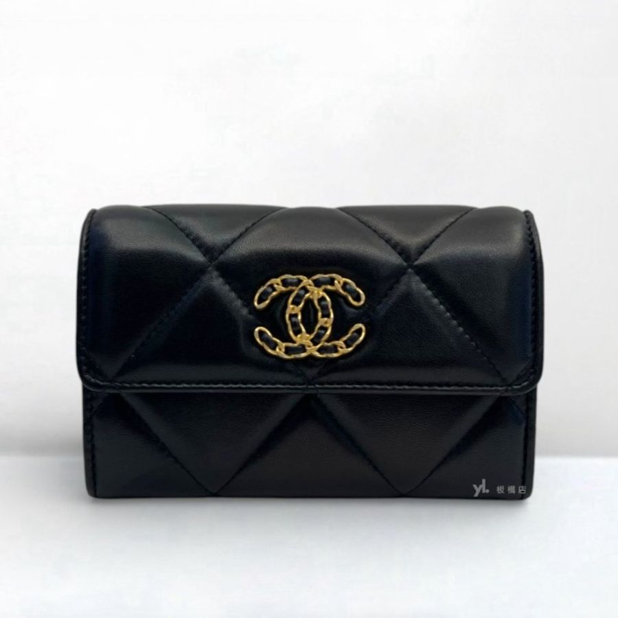 S5270-CHANEL 19黑羊皮金釦下蓋中夾AP2700-1