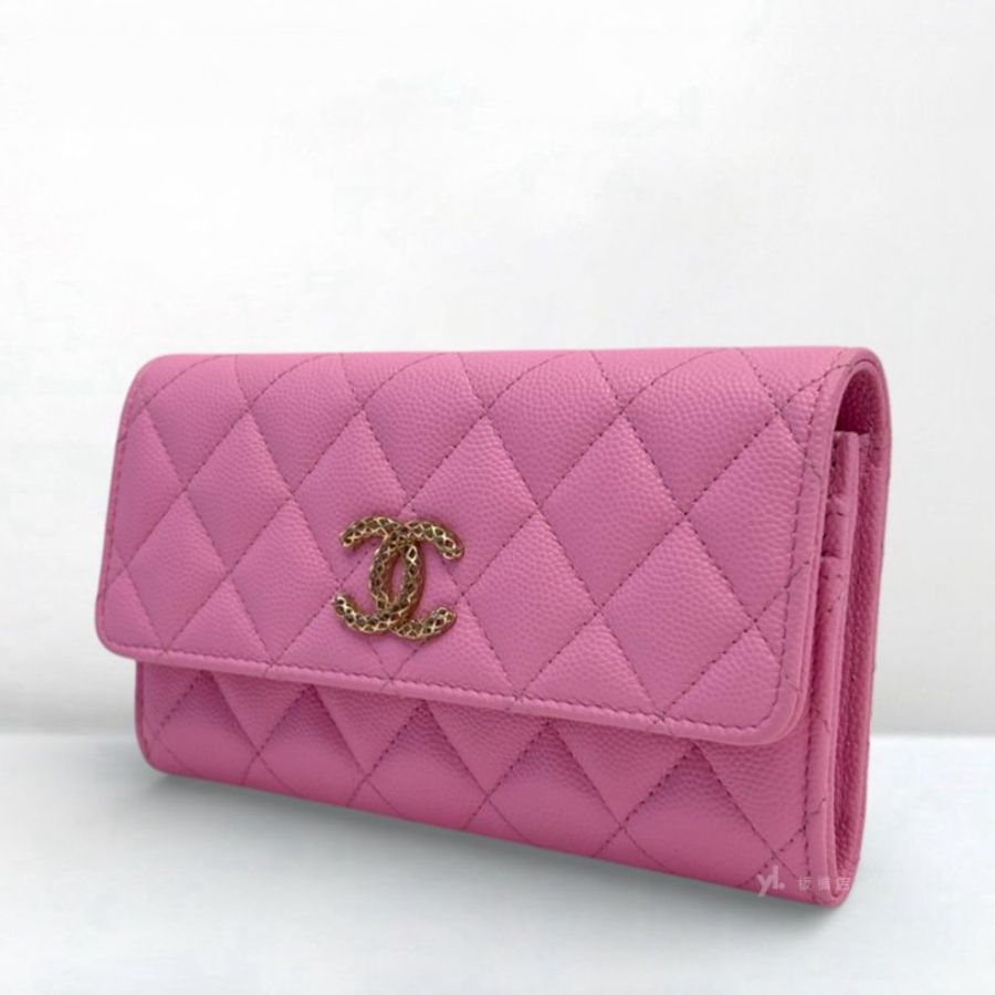 S5275-Chanel 粉荔枝牛皮鏤空雙C LOGO下蓋中夾AP3183-3