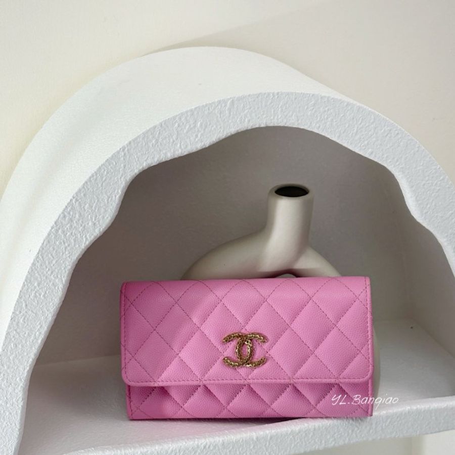 S5275-Chanel 粉荔枝牛皮鏤空雙C LOGO下蓋中夾AP3183-0