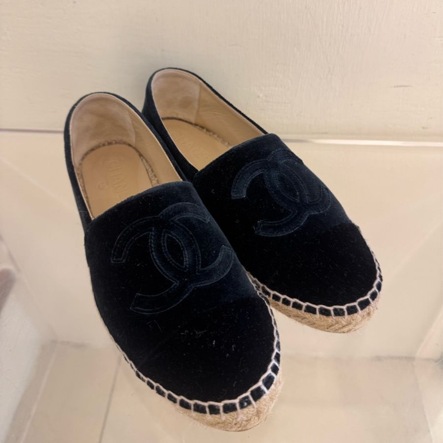 Chanel深藍/黑絨布草編鞋37號-0