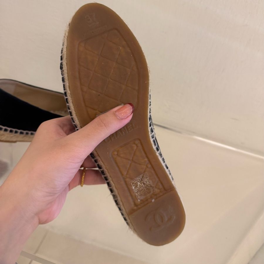 Chanel深藍/黑絨布草編鞋37號-9