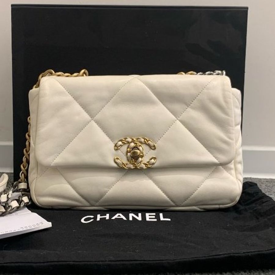 芯片款 香奈兒/Chanel 19bag小號 白金鏈條包 經典白色菱格紋配鴛鴦雙鏈條-0