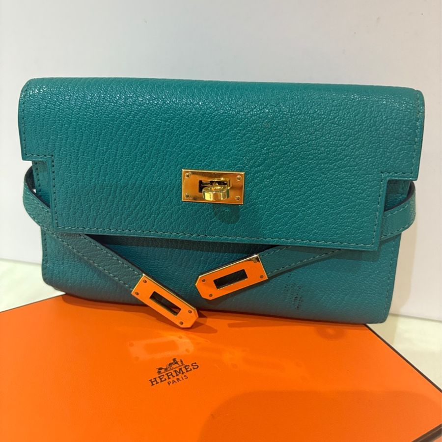 Hermès Kelly 中長夾 孔雀藍金扣|原盒|真品可驗-1