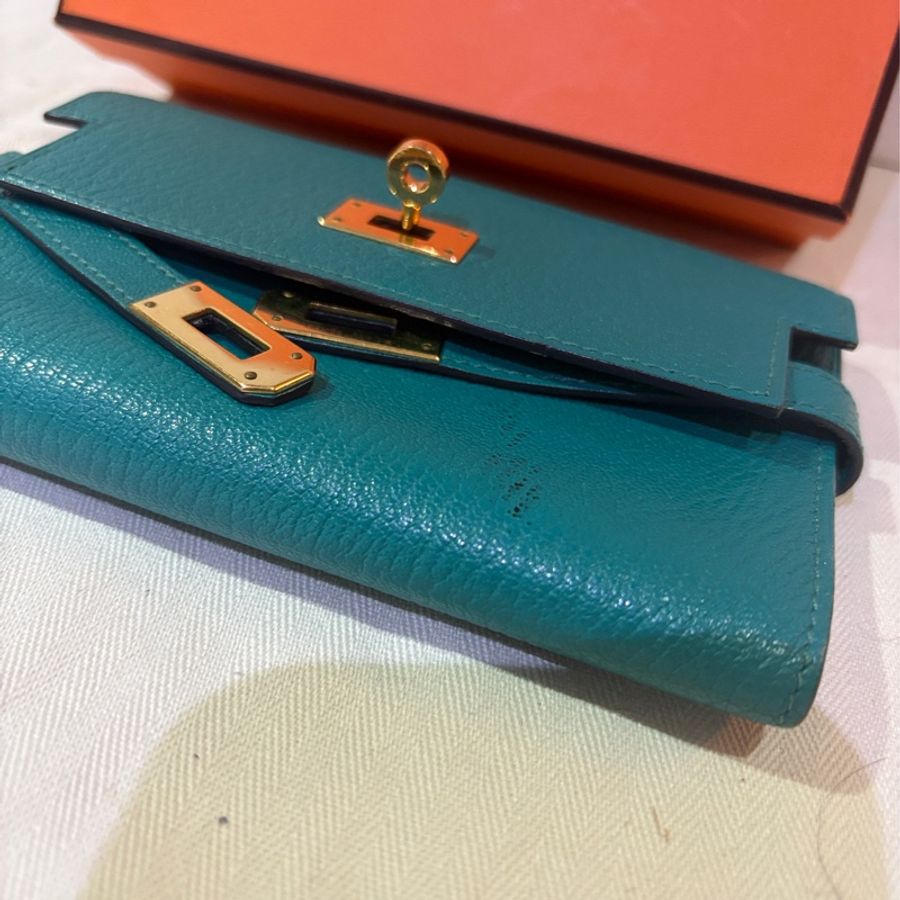 Hermès Kelly 中長夾 孔雀藍金扣|原盒|真品可驗-3