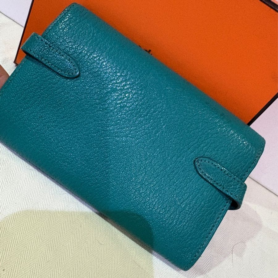 Hermès Kelly 中長夾 孔雀藍金扣|原盒|真品可驗-9