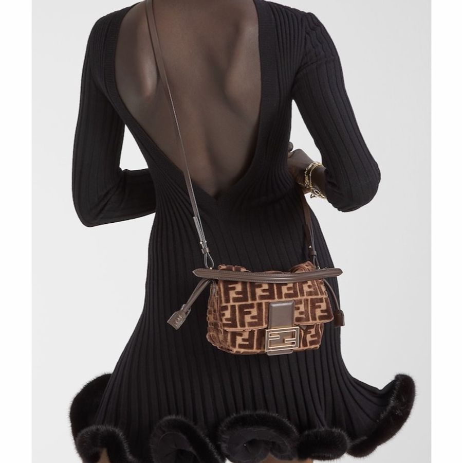 Fendi 女士 Mamma Baguette FF 提花天鵝絨迷你包均碼碼MINI、16cm*10cm*13cm-0