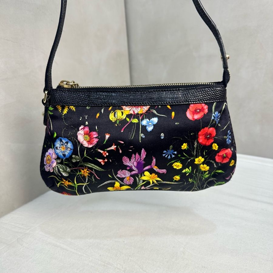 Gucci Flora Pochette Mini 中古蜥蜴皮緞面花卉琉璃小蜜蜂麻將包-5