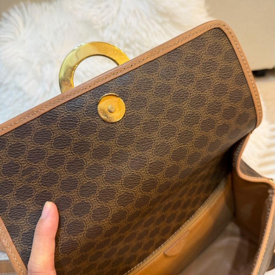 celine macadam 金環 老花 豆腐包 中古 棕色 vintage-12