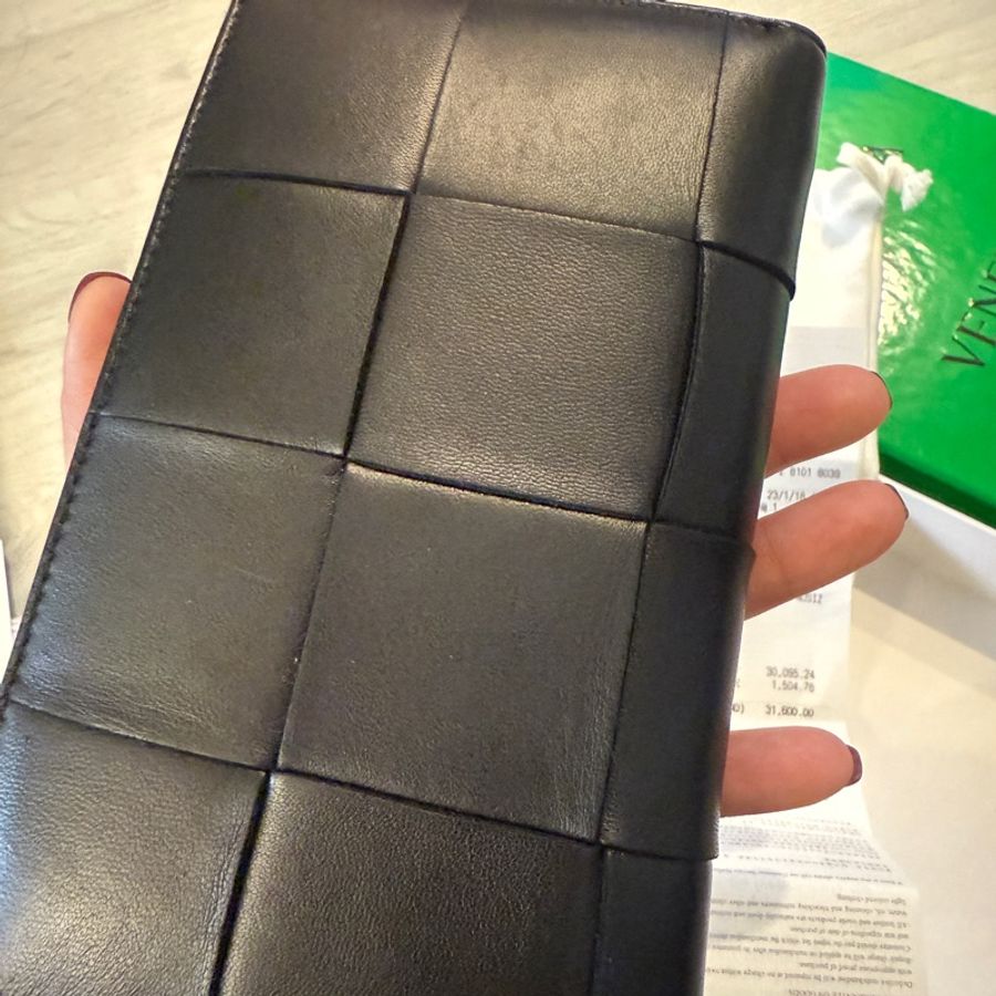 近全新BOTTEGA VENETA BV Cassette 大格編織羊皮長皮夾黑色-7