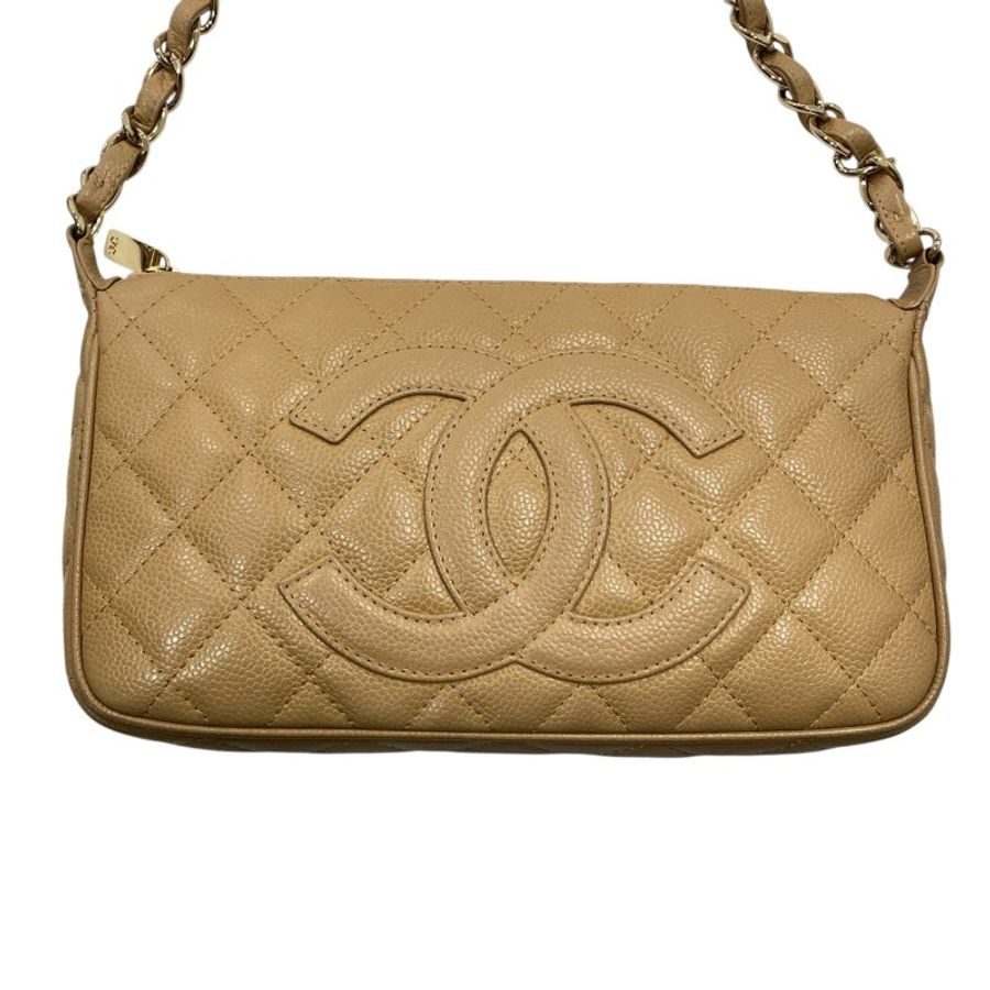 CHANEL 香奈兒 A22476 Pre-Owned 2003 CC 荔枝牛皮 肩背包 奶茶色 金釦-1