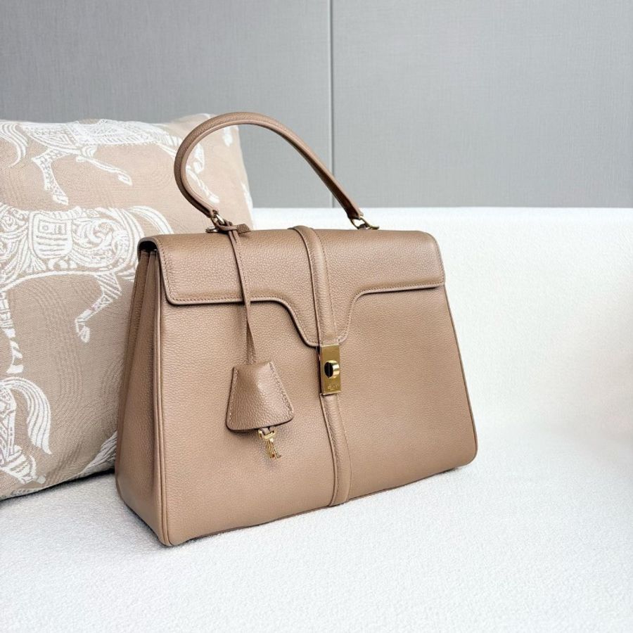 Celine soft16手提斜背包 奶茶色 金扣 荔枝皮 中號32*24*9 98新配件塵袋-4