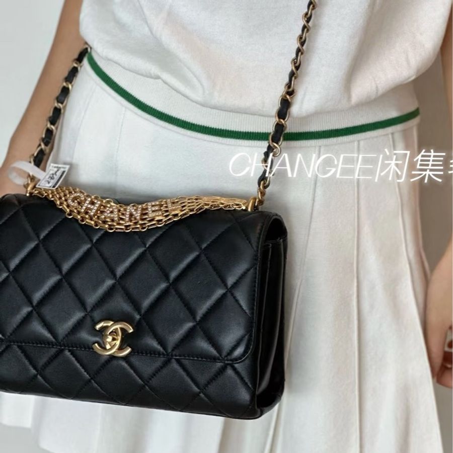 美神駕到❤️🔥99新限量🆕Chanel香奈兒黑金水鑽logo字母手柄秀款大號口蓋包鏈條包單肩斜挎包-4