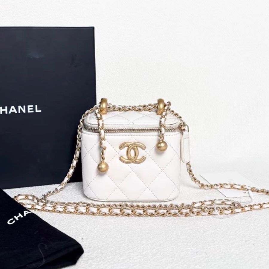 【95新 ✨ 全網最低價!】Chanel 香奈兒雙金珠 mini小盒子 白色金扣 白金 羊皮-2